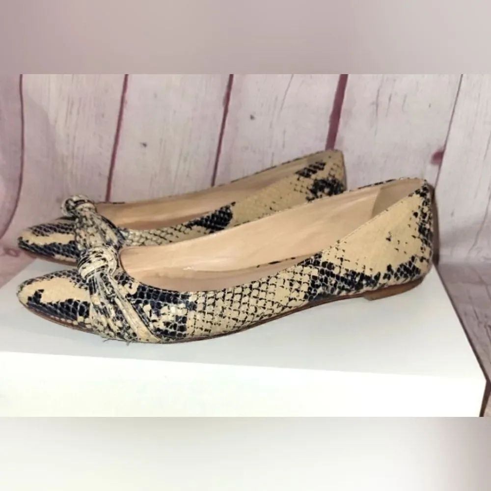 Loeffler Randall "Mignon Knot" Blk/Tan Snakeskin Print Leather Flats 8M $325